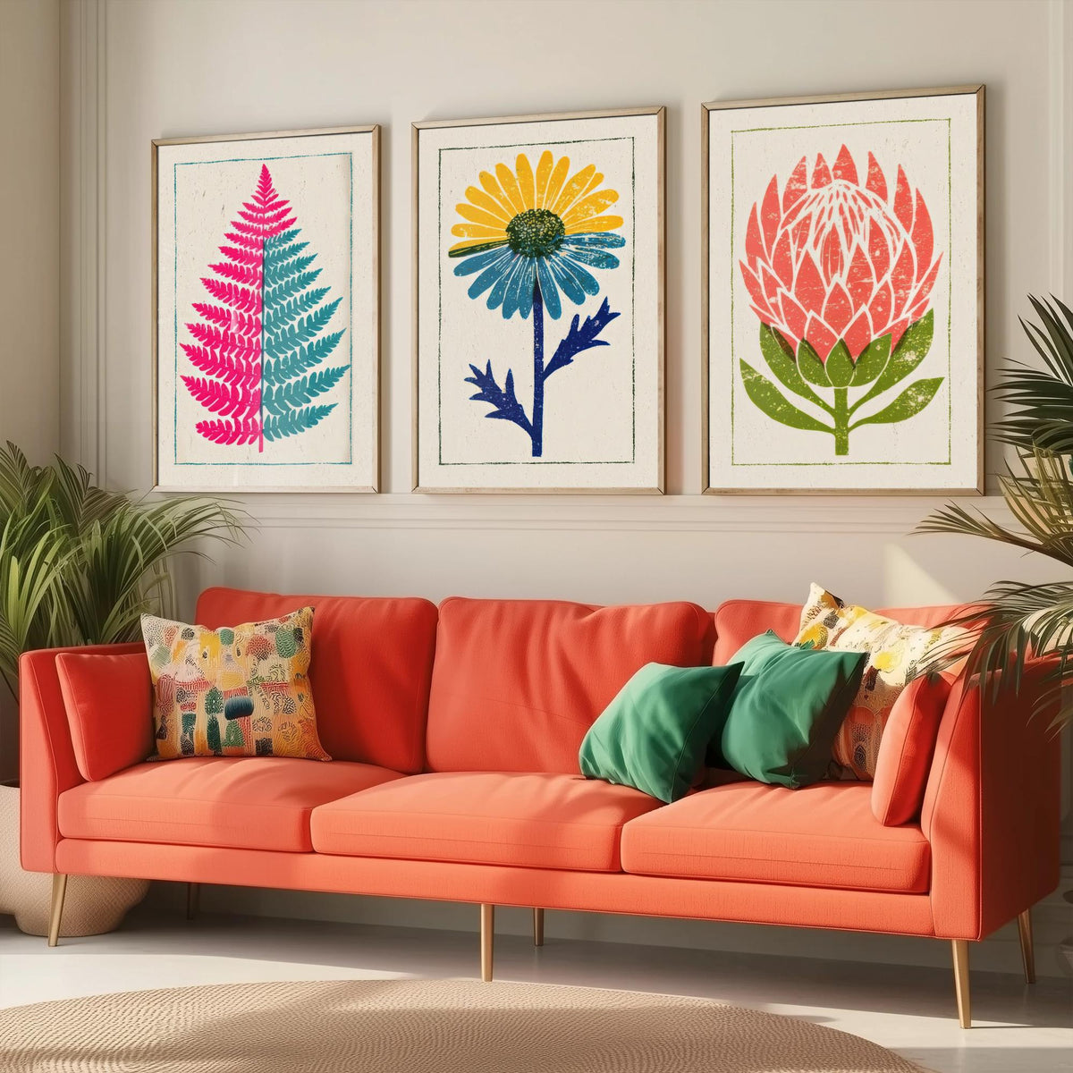 Bold Floral Linocut Set of Three Art Prints - Pink Fern, Blue Daisy, Coral Protea - 3 Bright Flower Posters - Woodcut Illustration V1