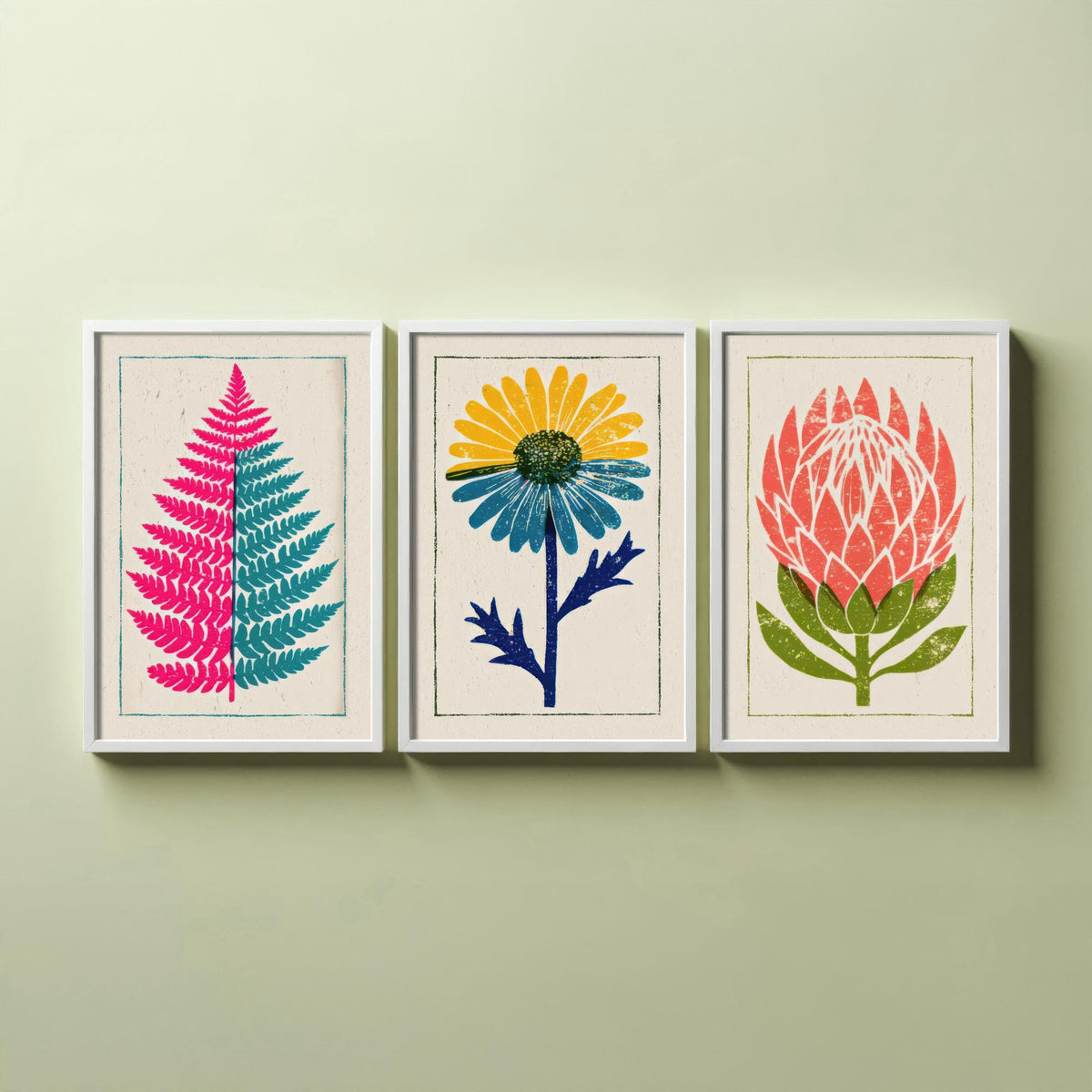 Bold Floral Linocut Set of Three Art Prints - Pink Fern, Blue Daisy, Coral Protea - 3 Bright Flower Posters - Woodcut Illustration V1