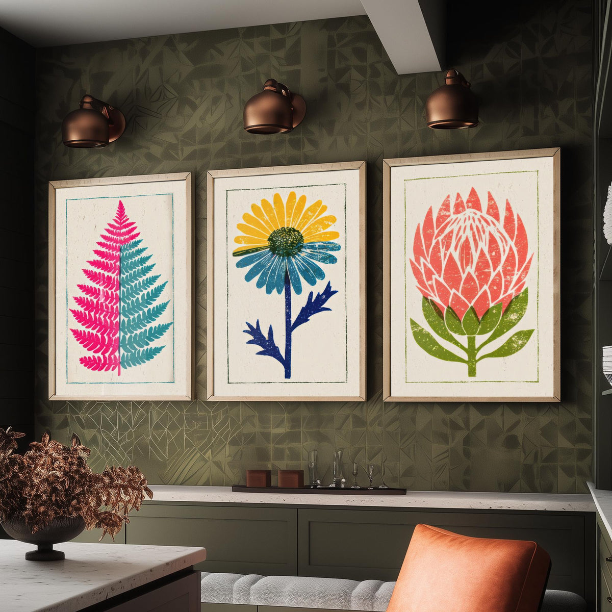 Bold Floral Linocut Set of Three Art Prints - Pink Fern, Blue Daisy, Coral Protea - 3 Bright Flower Posters - Woodcut Illustration V1