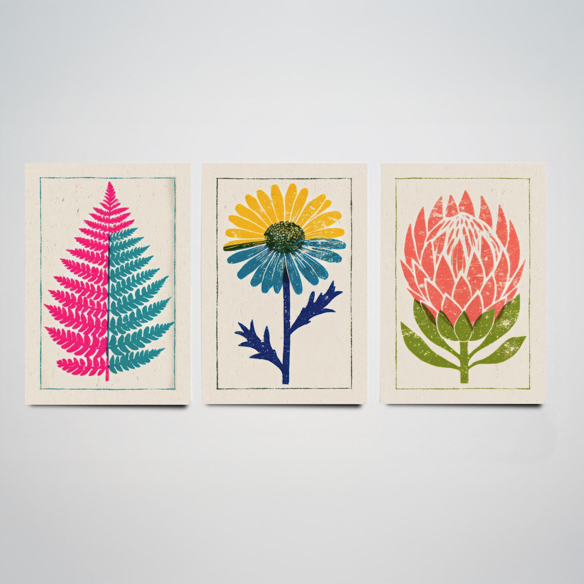 Bold Floral Linocut Set of Three Art Prints - Pink Fern, Blue Daisy, Coral Protea - 3 Bright Flower Posters - Woodcut Illustration V1