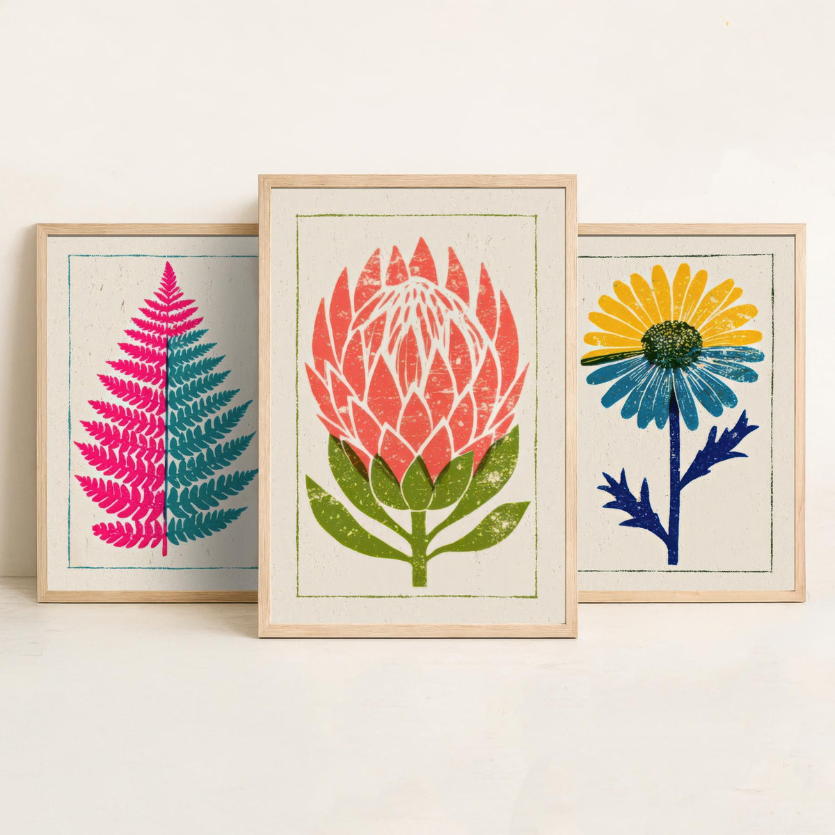 Bold Floral Linocut Set of Three Art Prints - Pink Fern, Blue Daisy, Coral Protea - 3 Bright Flower Posters - Woodcut Illustration V1