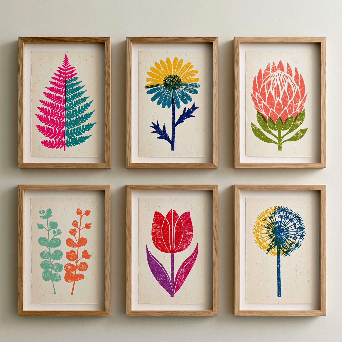 Set of Six Bold Floral Linocut Art Prints - 6 Colourful Botanical Posters - Protea Daisy Tulip Fern Eucalyptus Illustration V1