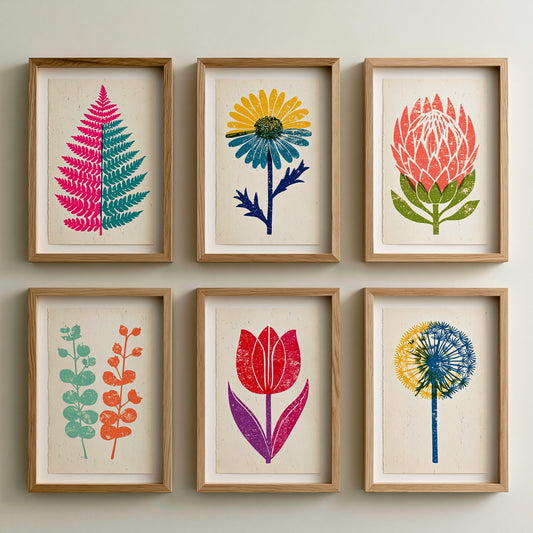 Set of Six Bold Floral Linocut Art Prints - 6 Colourful Botanical Posters - Protea Daisy Tulip Fern Eucalyptus Illustration V1
