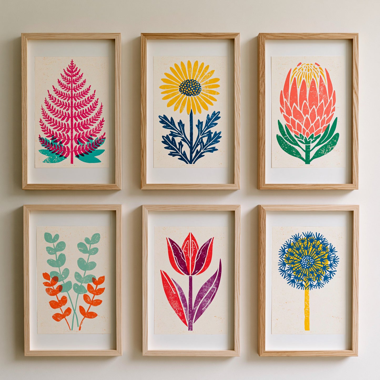 Set of Six Bold Floral Linocut Art Prints - 6 Illustrations - Fern, Daisy, Protea, Eucalyptus, Tulip, Allium - Bright Poster V2