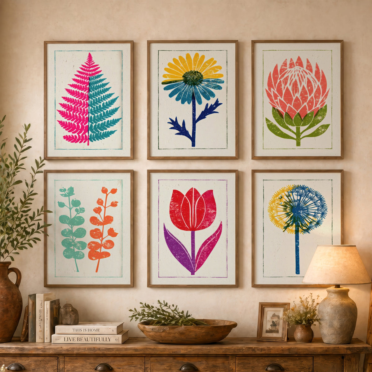 Set of Six Bold Floral Linocut Art Prints - 6 Block Print Flower Posters - Fern, Daisy, Protea, Eucalyptus, Tulip, Allium Woodcut V1