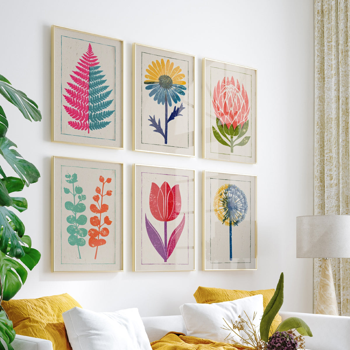 Set of Six Bold Floral Linocut Art Prints - 6 Block Print Flower Posters - Fern, Daisy, Protea, Eucalyptus, Tulip, Allium Woodcut V1