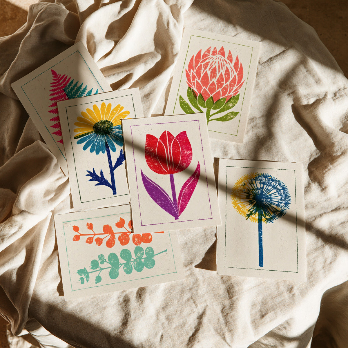 Set of Six Bold Floral Linocut Art Prints - 6 Block Print Flower Posters - Fern, Daisy, Protea, Eucalyptus, Tulip, Allium Woodcut V1