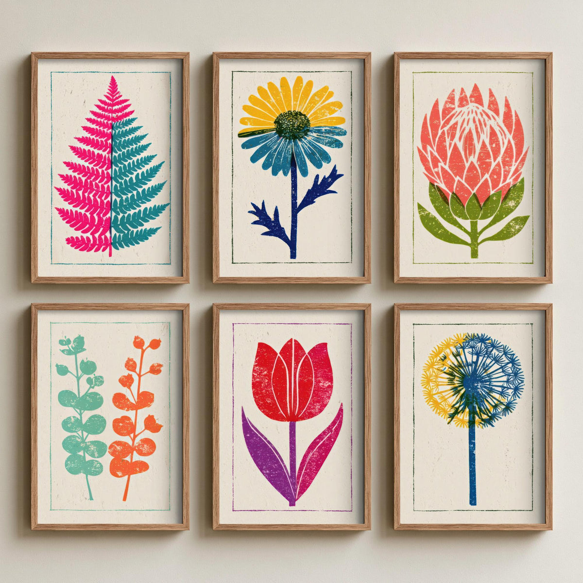Set of Six Bold Floral Linocut Art Prints - 6 Block Print Flower Posters - Fern, Daisy, Protea, Eucalyptus, Tulip, Allium Woodcut V1