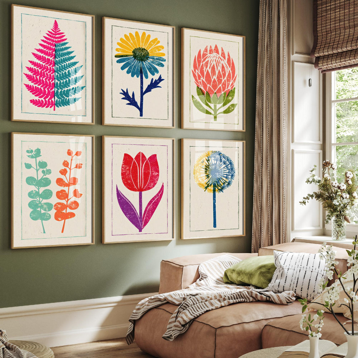 Set of Six Bold Floral Linocut Art Prints - 6 Block Print Flower Posters - Fern, Daisy, Protea, Eucalyptus, Tulip, Allium Woodcut V1