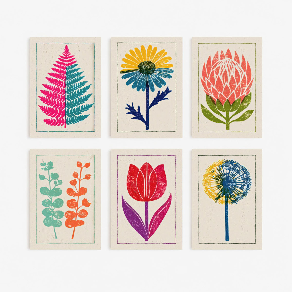 Set of Six Bold Floral Linocut Art Prints - 6 Block Print Flower Posters - Fern, Daisy, Protea, Eucalyptus, Tulip, Allium Woodcut V1