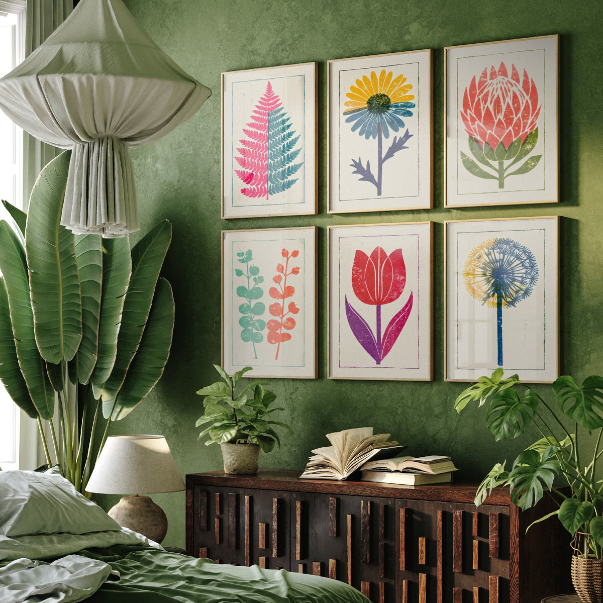 Set of Six Bold Floral Linocut Art Prints - 6 Block Print Flower Posters - Fern, Daisy, Protea, Eucalyptus, Tulip, Allium Woodcut V1