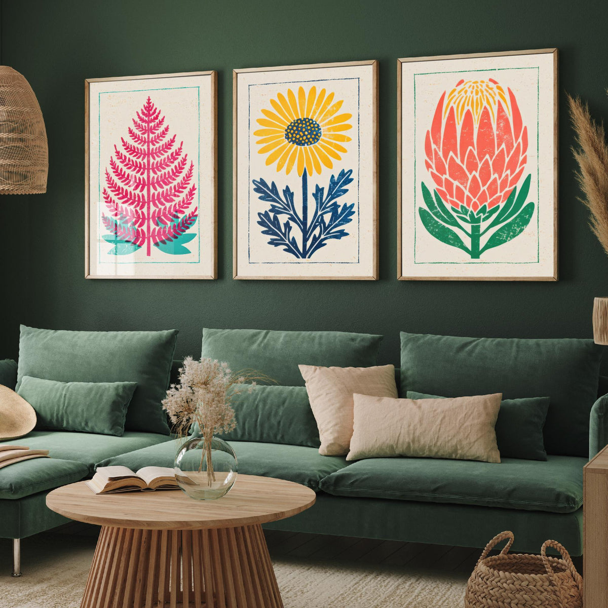 Bold Floral Linocut Set of Three Art Prints - Fern, Daisy, Protea - 3 Colourful Hand Inked Botanical Posters - Woodcut Illustration