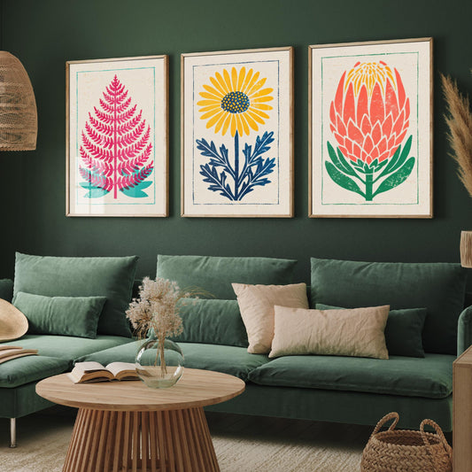 Bold Floral Linocut Set of Three Art Prints - Fern, Daisy, Protea - 3 Colourful Hand Inked Botanical Posters - Woodcut Illustration