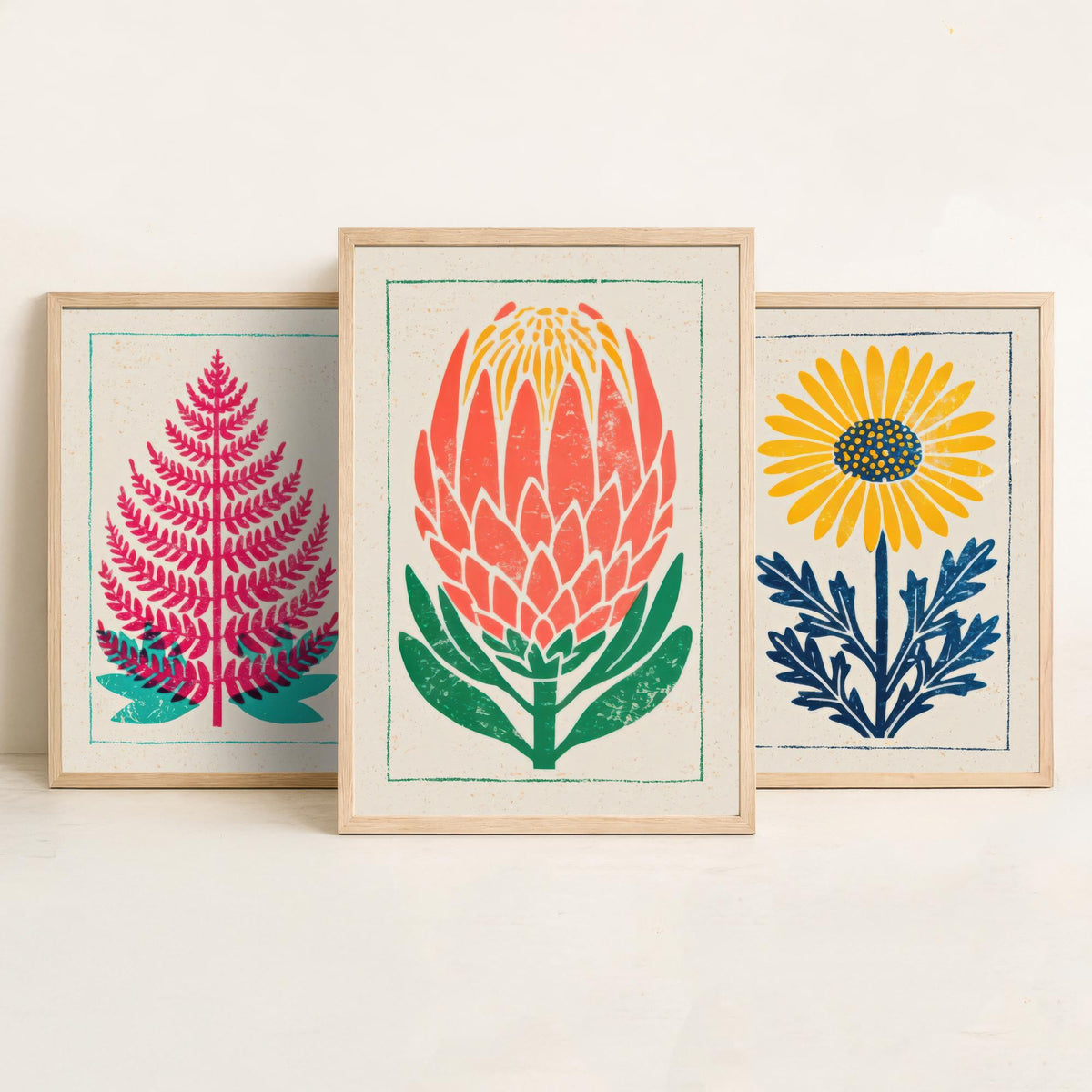 Bold Floral Linocut Set of Three Art Prints - Fern, Daisy, Protea - 3 Colourful Hand Inked Botanical Posters - Woodcut Illustration