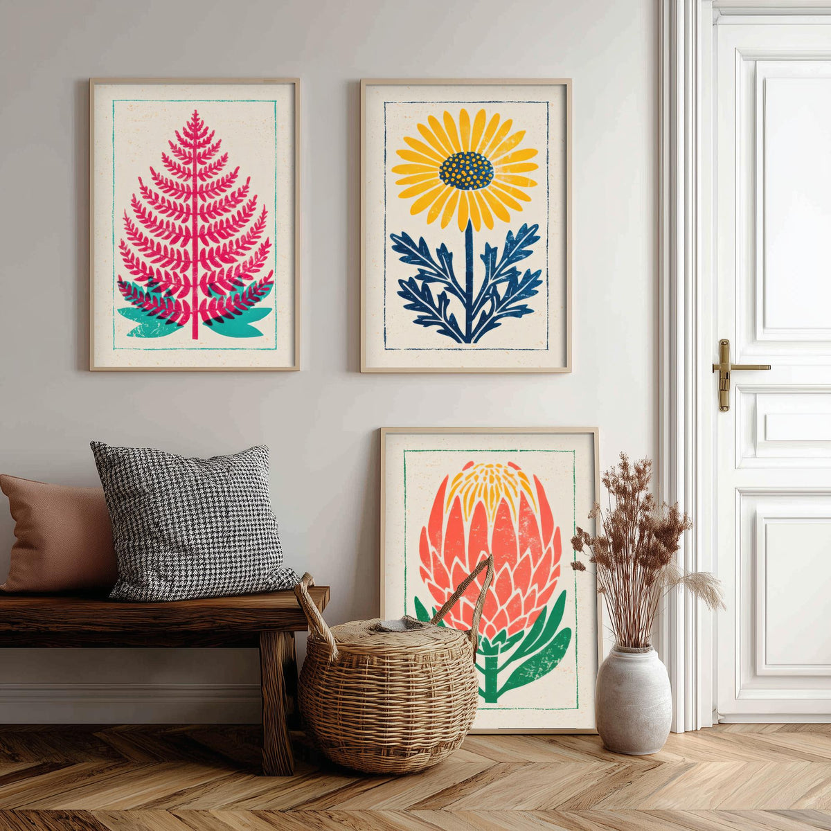 Bold Floral Linocut Set of Three Art Prints - Fern, Daisy, Protea - 3 Colourful Hand Inked Botanical Posters - Woodcut Illustration