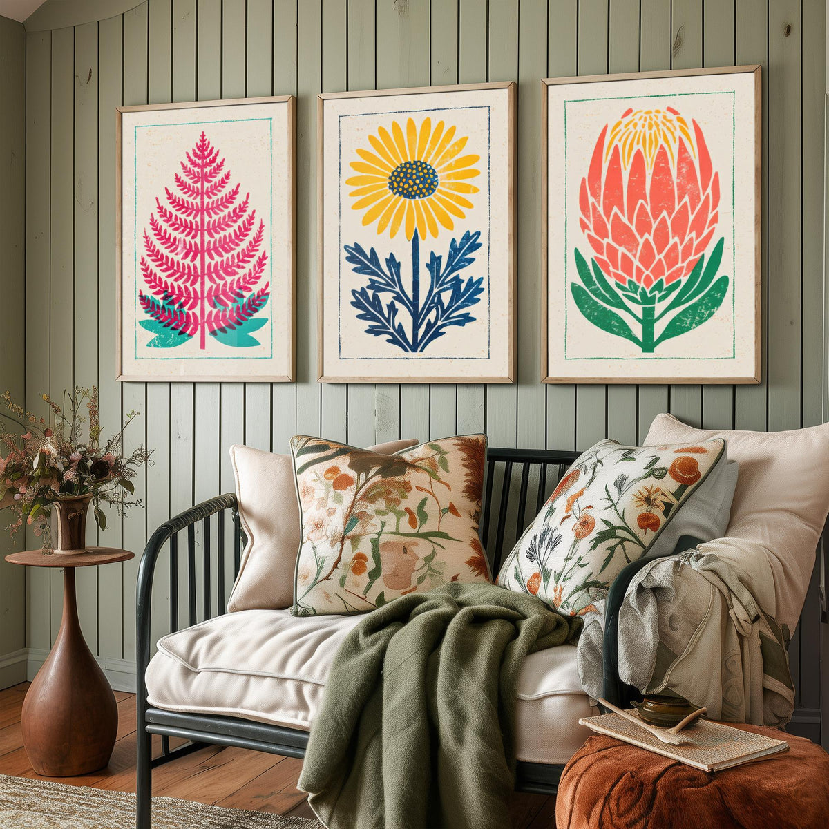 Bold Floral Linocut Set of Three Art Prints - Fern, Daisy, Protea - 3 Colourful Hand Inked Botanical Posters - Woodcut Illustration