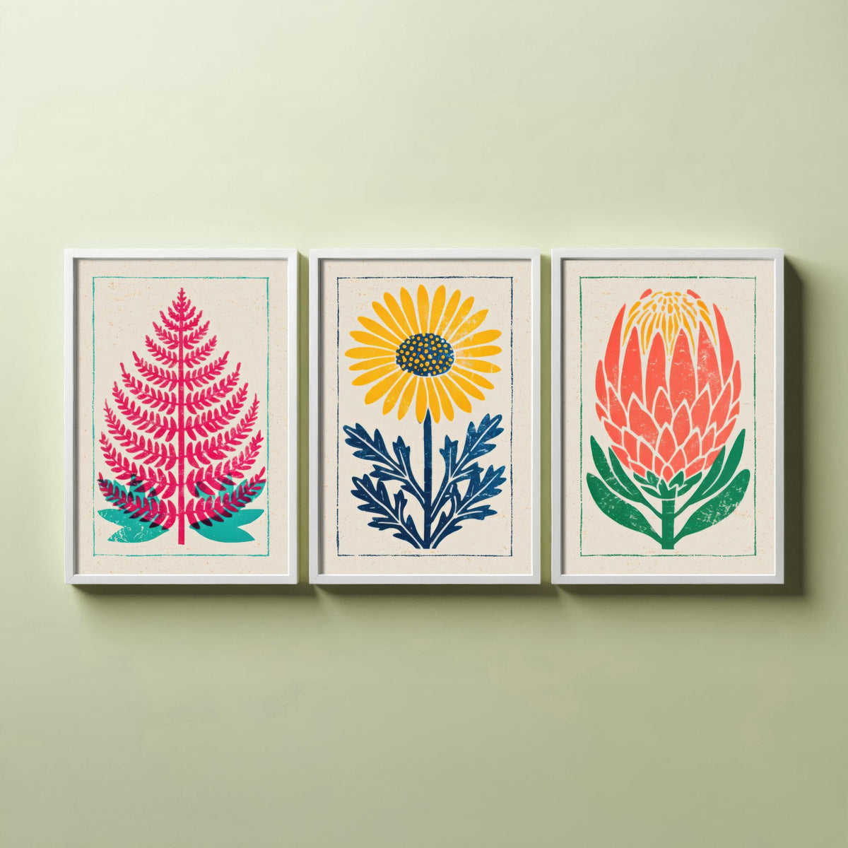 Bold Floral Linocut Set of Three Art Prints - Fern, Daisy, Protea - 3 Colourful Hand Inked Botanical Posters - Woodcut Illustration