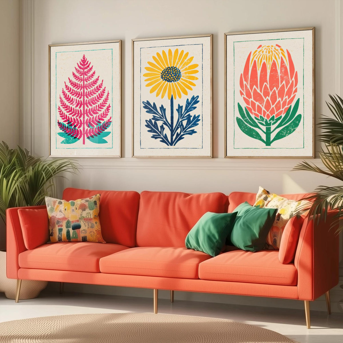 Bold Floral Linocut Set of Three Art Prints - Fern, Daisy, Protea - 3 Colourful Hand Inked Botanical Posters - Woodcut Illustration