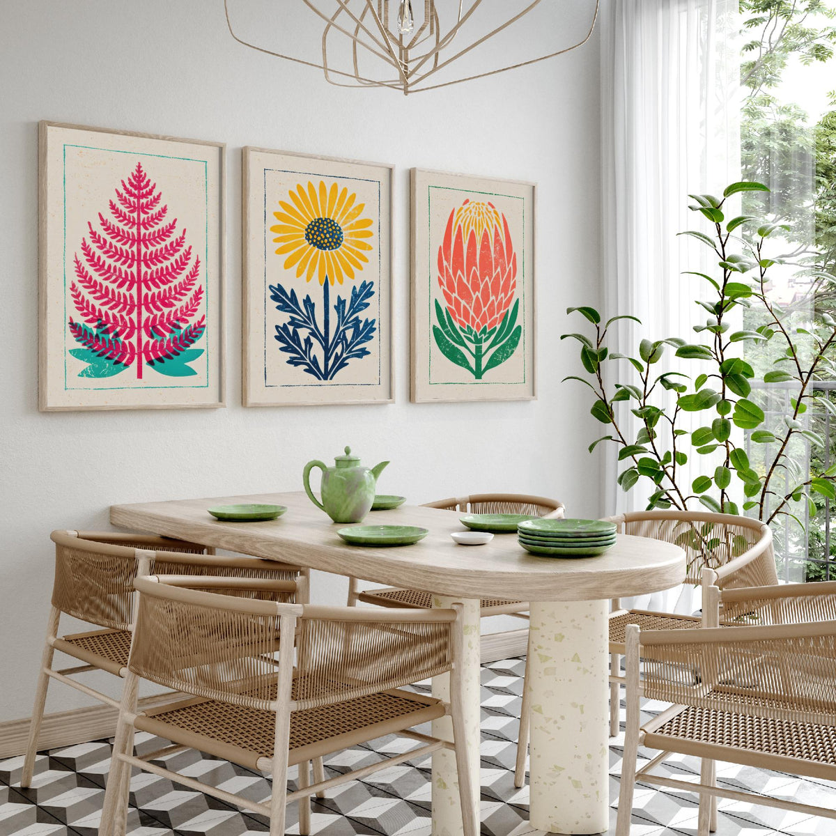 Bold Floral Linocut Set of Three Art Prints - Fern, Daisy, Protea - 3 Colourful Hand Inked Botanical Posters - Woodcut Illustration