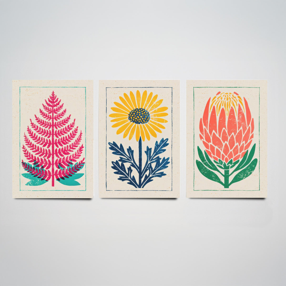 Bold Floral Linocut Set of Three Art Prints - Fern, Daisy, Protea - 3 Colourful Hand Inked Botanical Posters - Woodcut Illustration