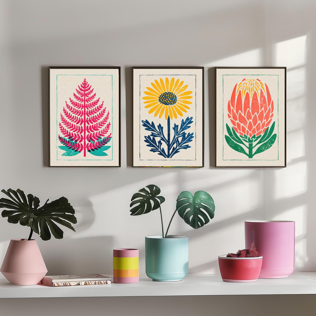 Bold Floral Linocut Set of Three Art Prints - Fern, Daisy, Protea - 3 Colourful Hand Inked Botanical Posters - Woodcut Illustration