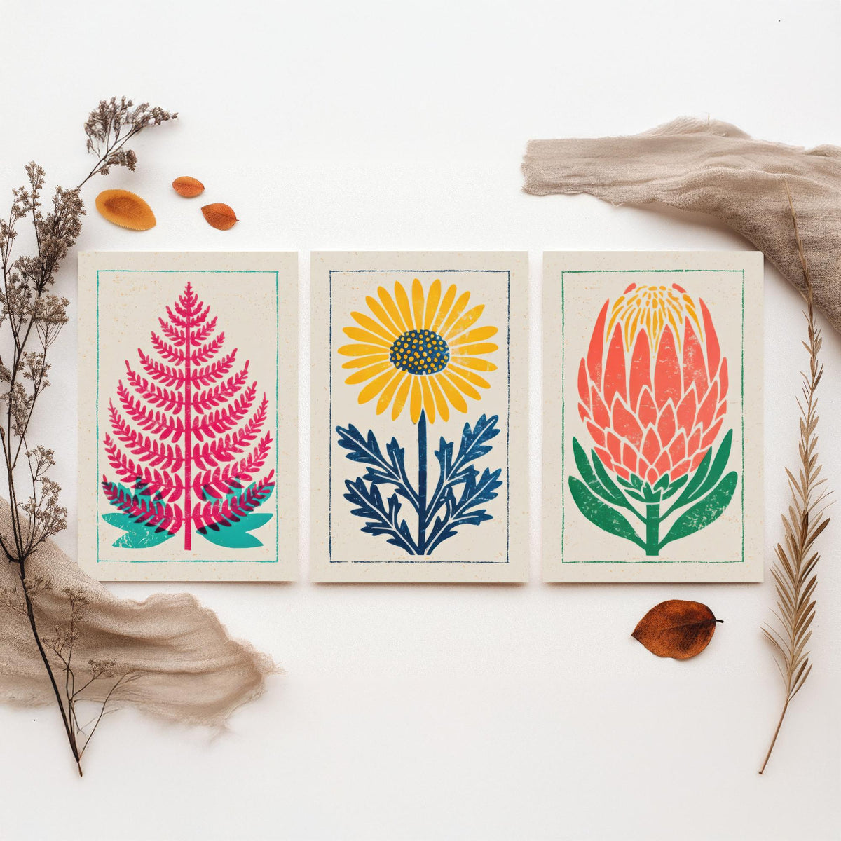 Bold Floral Linocut Set of Three Art Prints - Fern, Daisy, Protea - 3 Colourful Hand Inked Botanical Posters - Woodcut Illustration