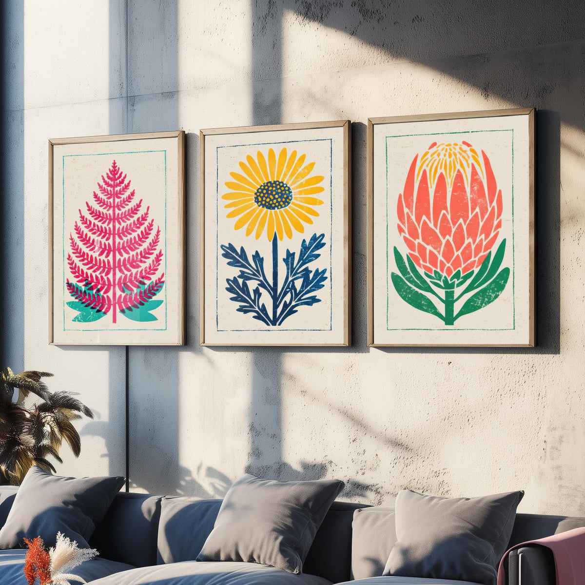 Bold Floral Linocut Set of Three Art Prints - Fern, Daisy, Protea - 3 Colourful Hand Inked Botanical Posters - Woodcut Illustration