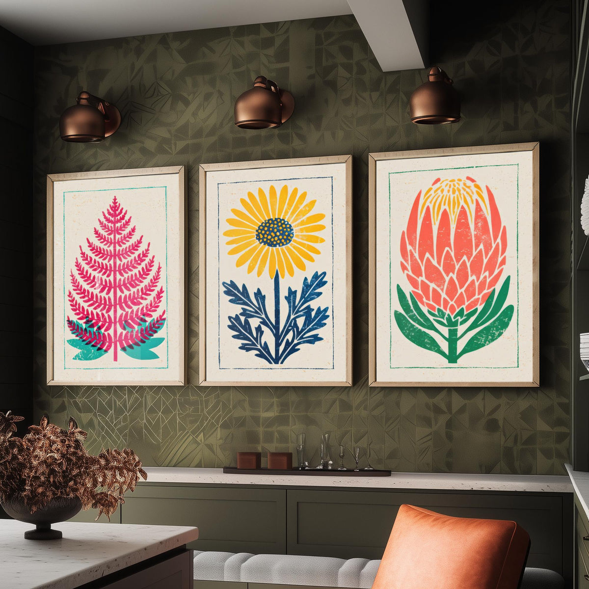 Bold Floral Linocut Set of Three Art Prints - Fern, Daisy, Protea - 3 Colourful Hand Inked Botanical Posters - Woodcut Illustration