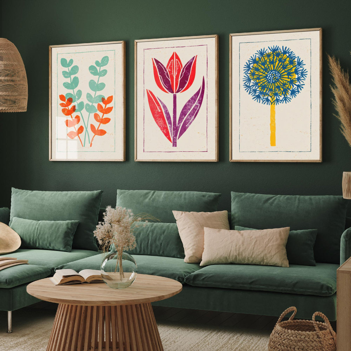 Bold Floral Linocut Set of Three Art Prints - Eucalyptus, Tulip, Allium - 3 Colourful Hand Inked Flower Posters - Woodcut Illustration