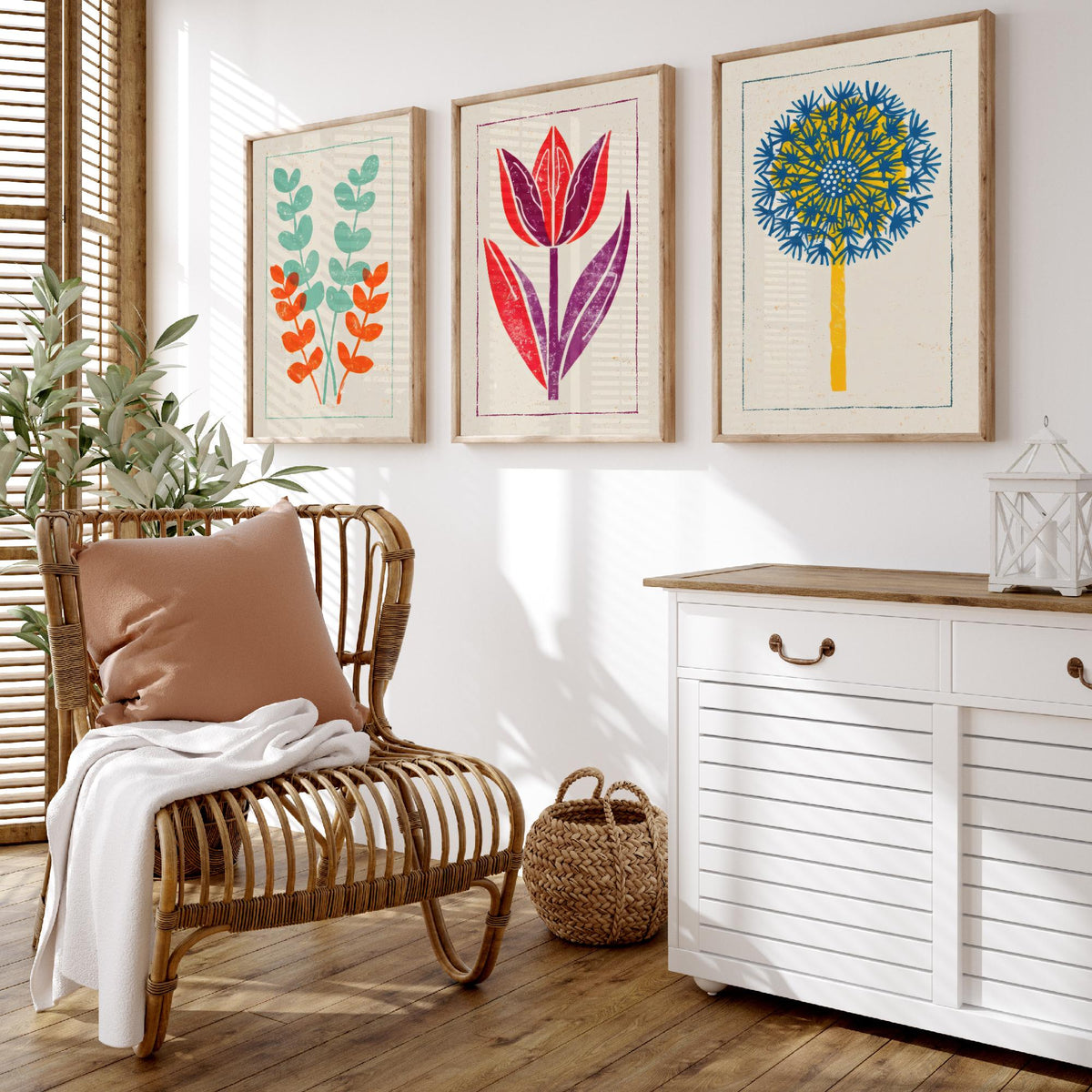 Bold Floral Linocut Set of Three Art Prints - Eucalyptus, Tulip, Allium - 3 Colourful Hand Inked Flower Posters - Woodcut Illustration