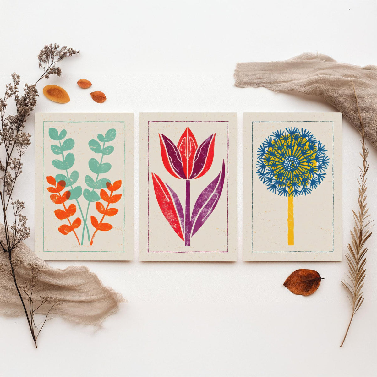 Bold Floral Linocut Set of Three Art Prints - Eucalyptus, Tulip, Allium - 3 Colourful Hand Inked Flower Posters - Woodcut Illustration