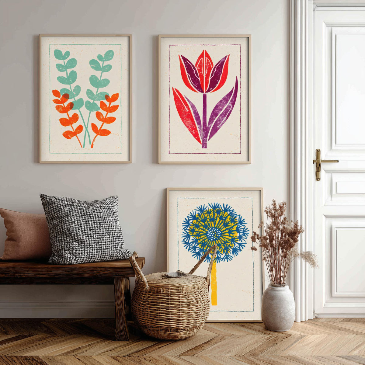 Bold Floral Linocut Set of Three Art Prints - Eucalyptus, Tulip, Allium - 3 Colourful Hand Inked Flower Posters - Woodcut Illustration