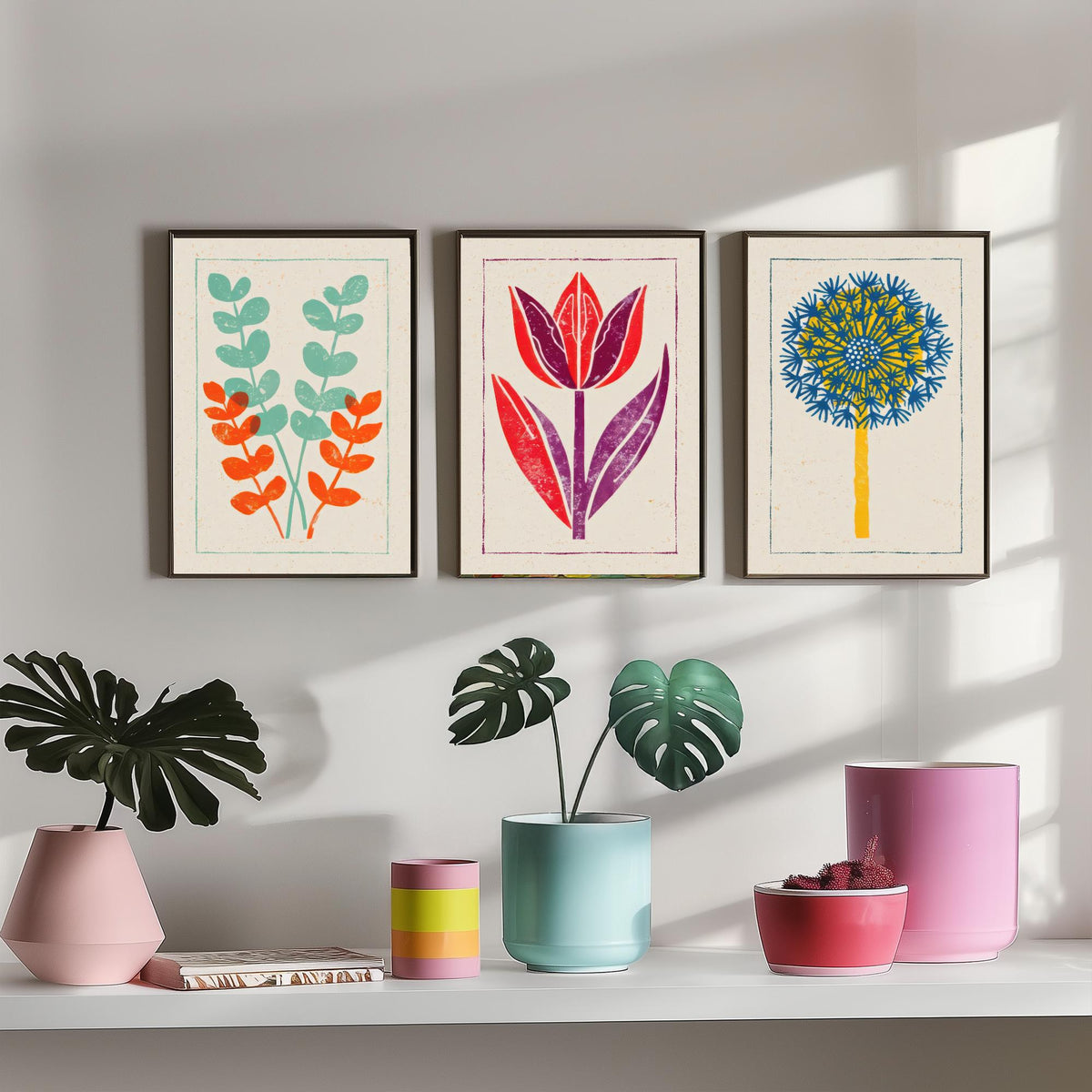 Bold Floral Linocut Set of Three Art Prints - Eucalyptus, Tulip, Allium - 3 Colourful Hand Inked Flower Posters - Woodcut Illustration