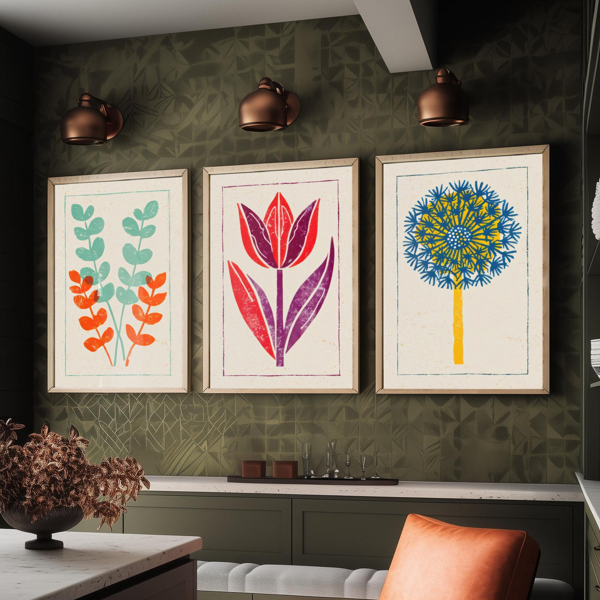 Bold Floral Linocut Set of Three Art Prints - Eucalyptus, Tulip, Allium - 3 Colourful Hand Inked Flower Posters - Woodcut Illustration