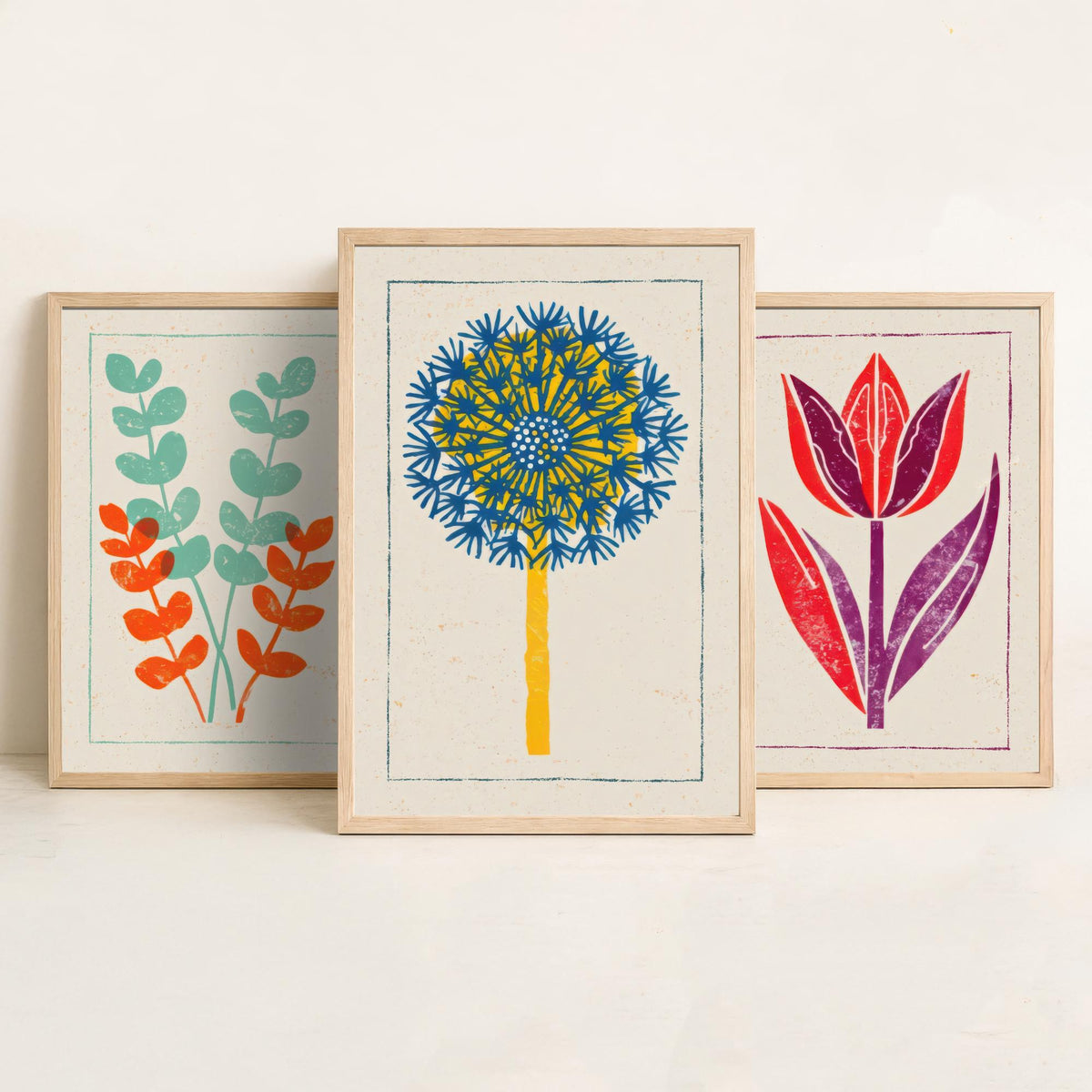 Bold Floral Linocut Set of Three Art Prints - Eucalyptus, Tulip, Allium - 3 Colourful Hand Inked Flower Posters - Woodcut Illustration