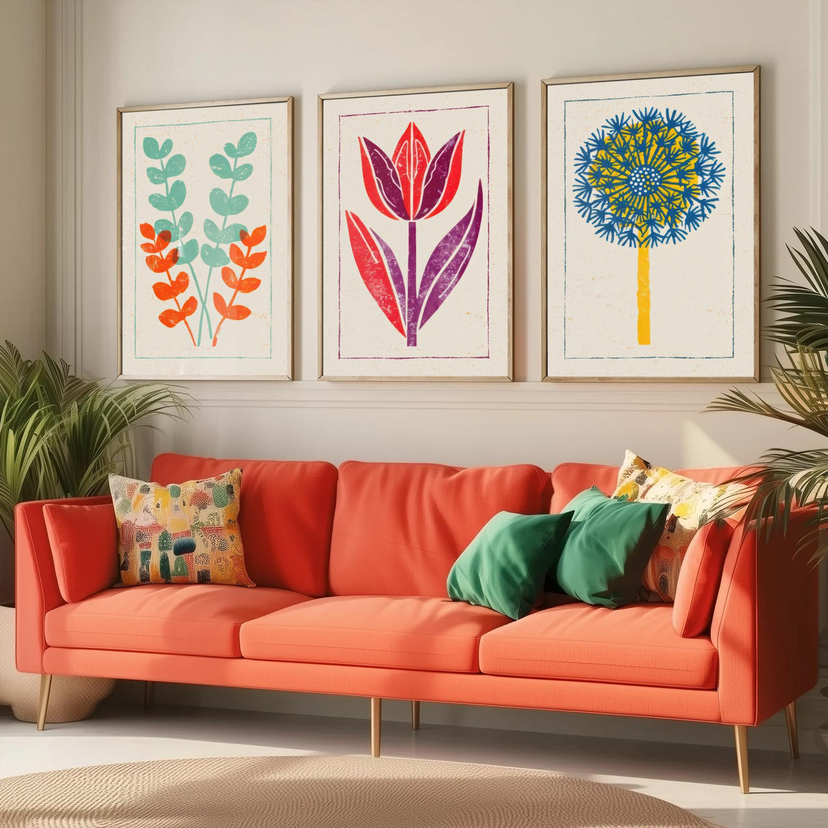 Bold Floral Linocut Set of Three Art Prints - Eucalyptus, Tulip, Allium - 3 Colourful Hand Inked Flower Posters - Woodcut Illustration