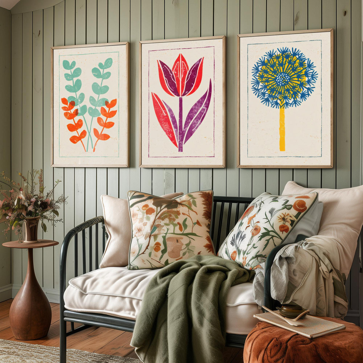 Bold Floral Linocut Set of Three Art Prints - Eucalyptus, Tulip, Allium - 3 Colourful Hand Inked Flower Posters - Woodcut Illustration