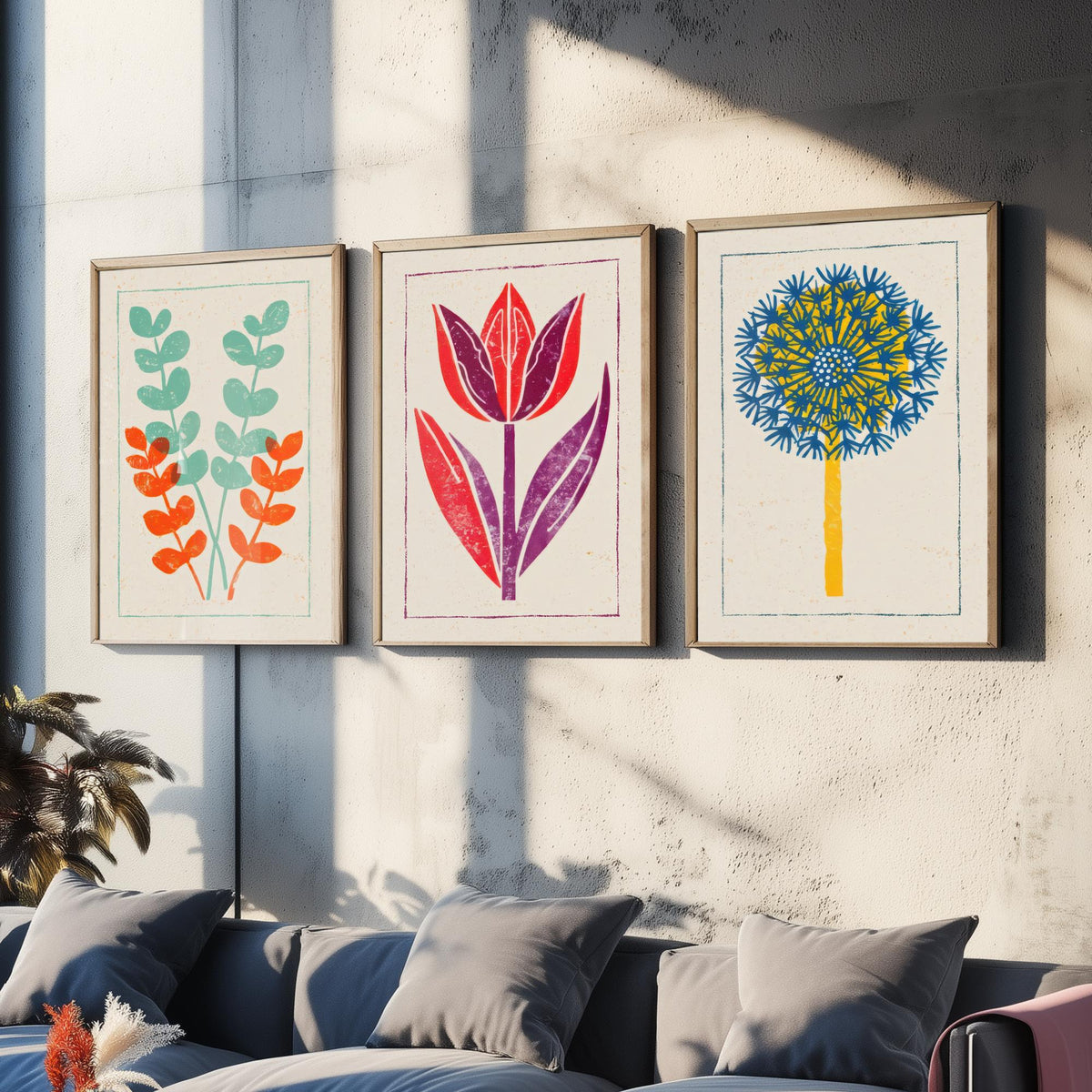 Bold Floral Linocut Set of Three Art Prints - Eucalyptus, Tulip, Allium - 3 Colourful Hand Inked Flower Posters - Woodcut Illustration