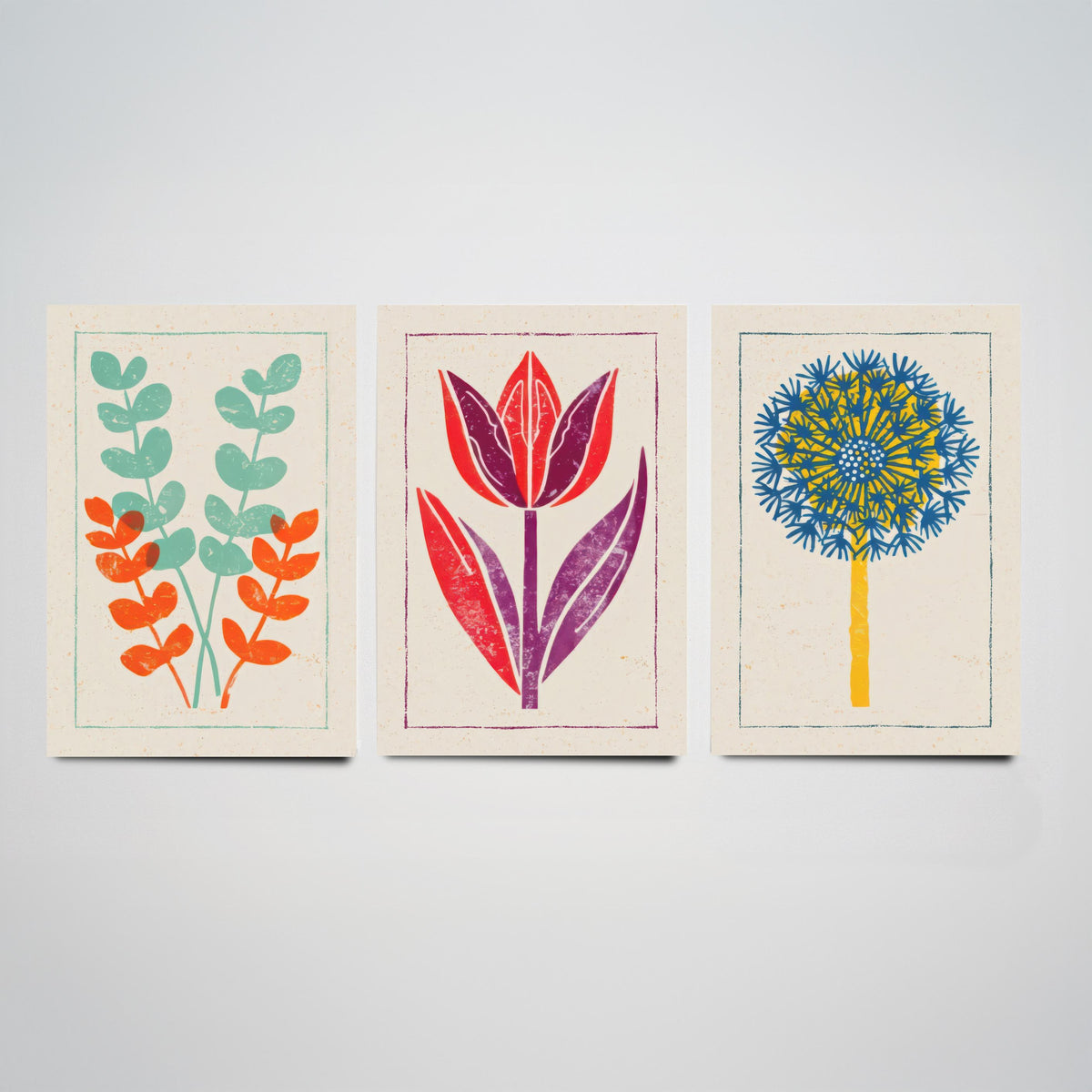Bold Floral Linocut Set of Three Art Prints - Eucalyptus, Tulip, Allium - 3 Colourful Hand Inked Flower Posters - Woodcut Illustration