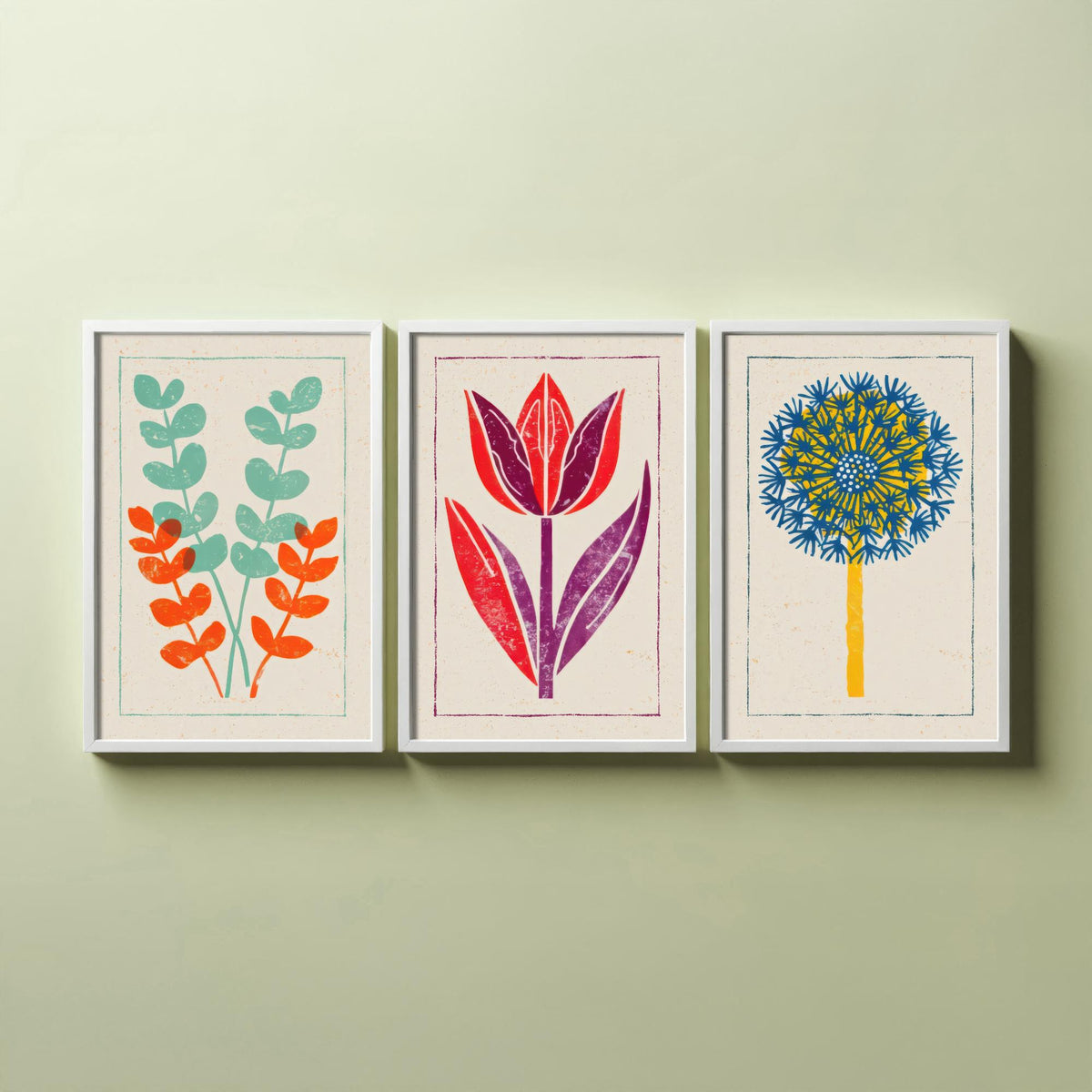Bold Floral Linocut Set of Three Art Prints - Eucalyptus, Tulip, Allium - 3 Colourful Hand Inked Flower Posters - Woodcut Illustration