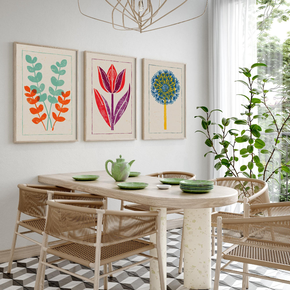 Bold Floral Linocut Set of Three Art Prints - Eucalyptus, Tulip, Allium - 3 Colourful Hand Inked Flower Posters - Woodcut Illustration