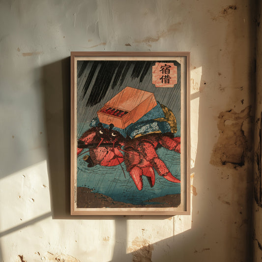 Hermit Crab in a Wooden Box Art Print - Japanese Ukiyo-e Rain Poster - Woodblock Style Illustration - After Kuniyoshi