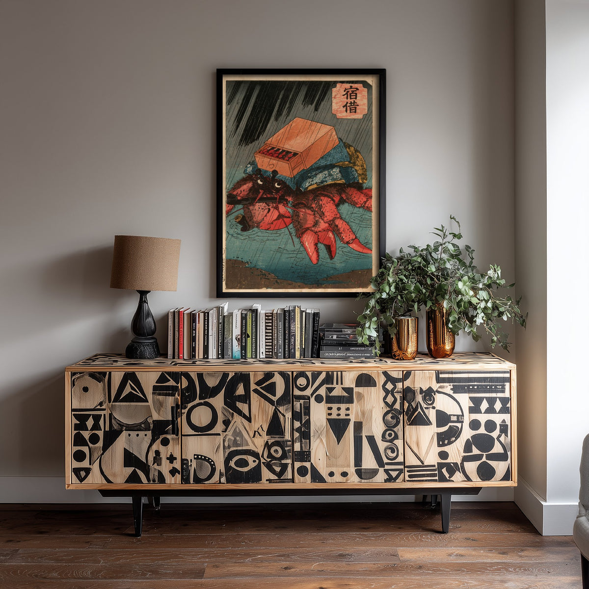 Hermit Crab in a Wooden Box Art Print - Japanese Ukiyo-e Rain Poster - Woodblock Style Illustration - After Kuniyoshi