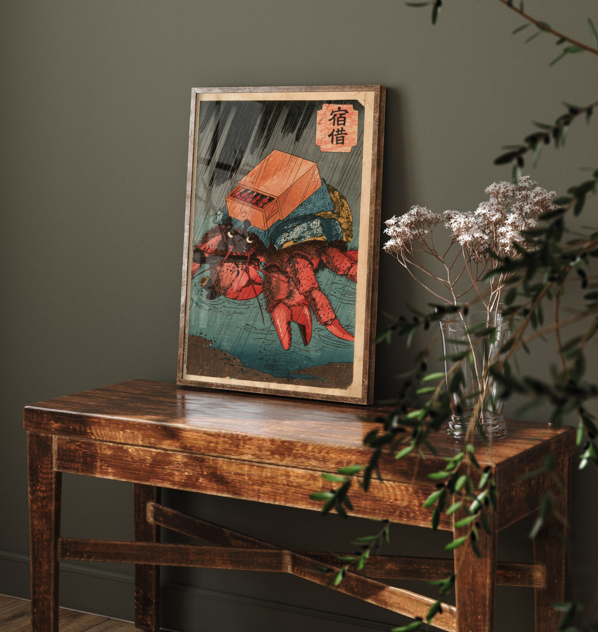 Hermit Crab in a Wooden Box Art Print - Japanese Ukiyo-e Rain Poster - Woodblock Style Illustration - After Kuniyoshi