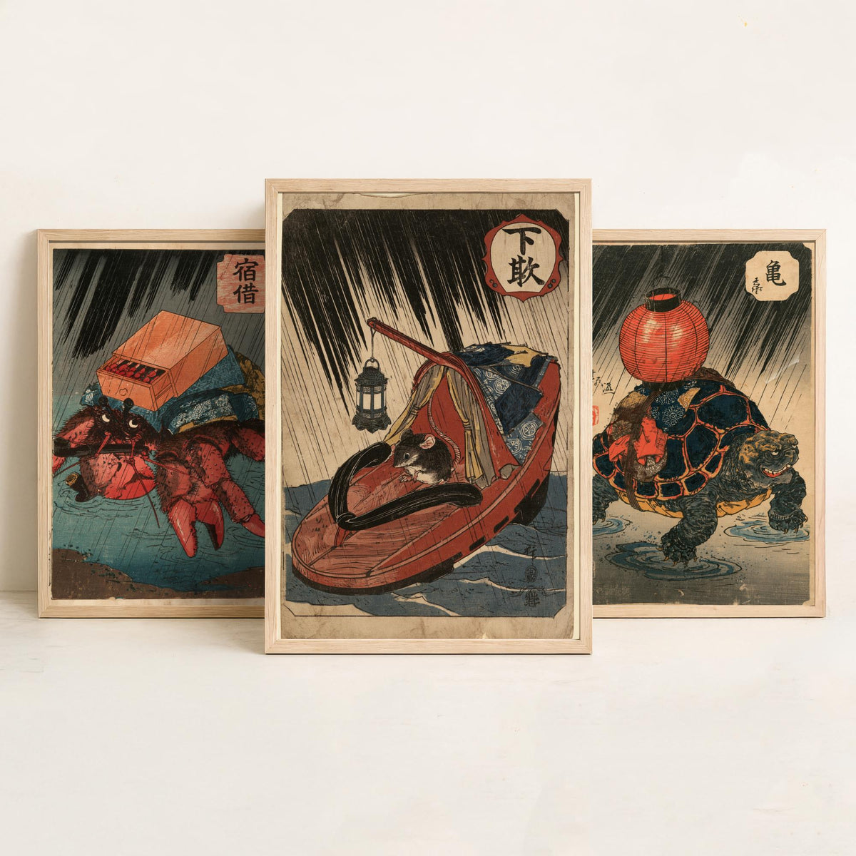 Borrowed Homes Set of Three Art Prints - Hermit Crab, Tortoise and Mouse - Japanese Ukiyo-e Woodblock Posters V2 - After Kuniyoshi
