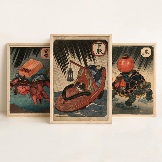 Borrowed Homes Set of Three Art Prints - Hermit Crab, Tortoise and Mouse - Japanese Ukiyo-e Woodblock Posters V2 - After Kuniyoshi