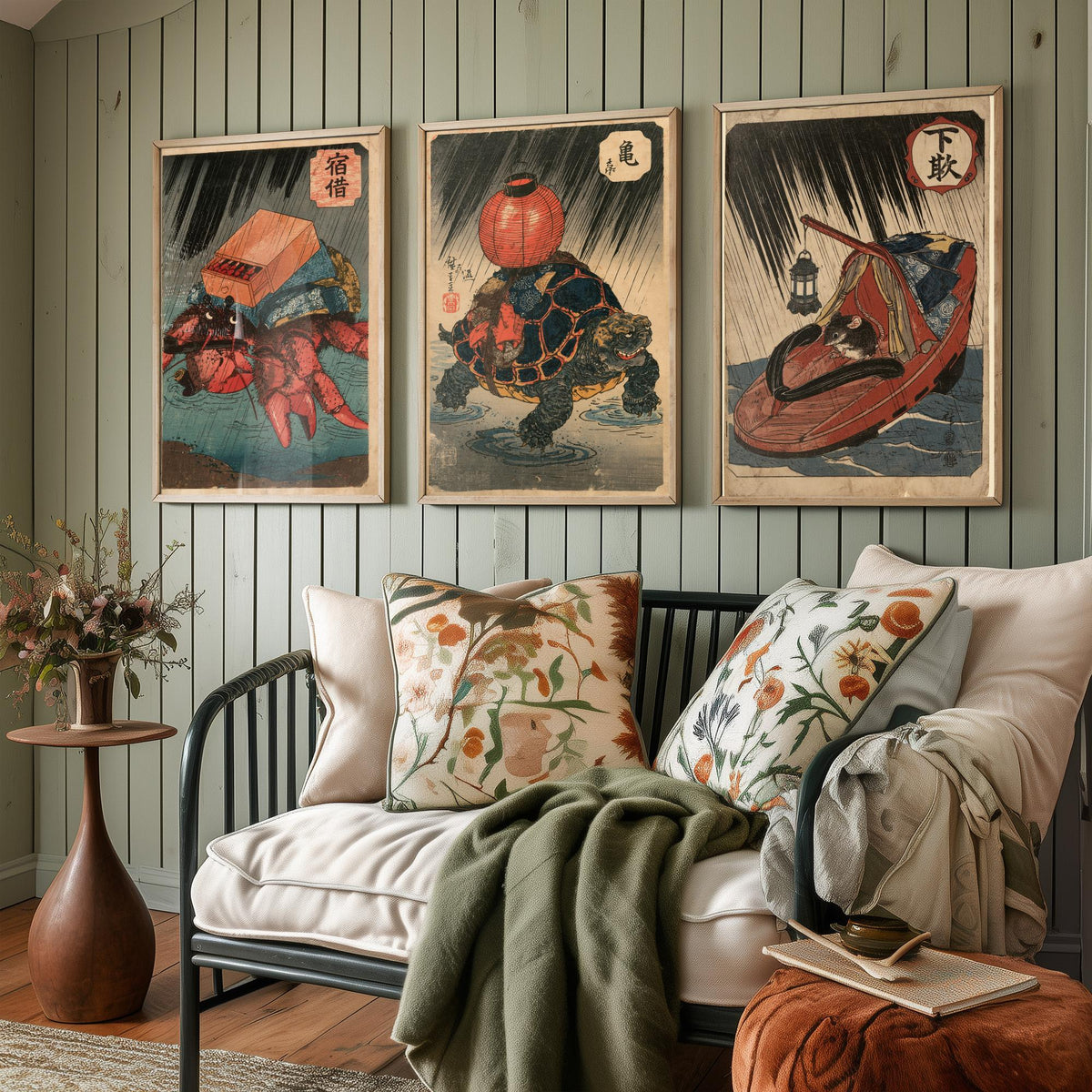 Borrowed Homes Set of Three Art Prints - Hermit Crab, Tortoise and Mouse - Japanese Ukiyo-e Woodblock Posters V2 - After Kuniyoshi