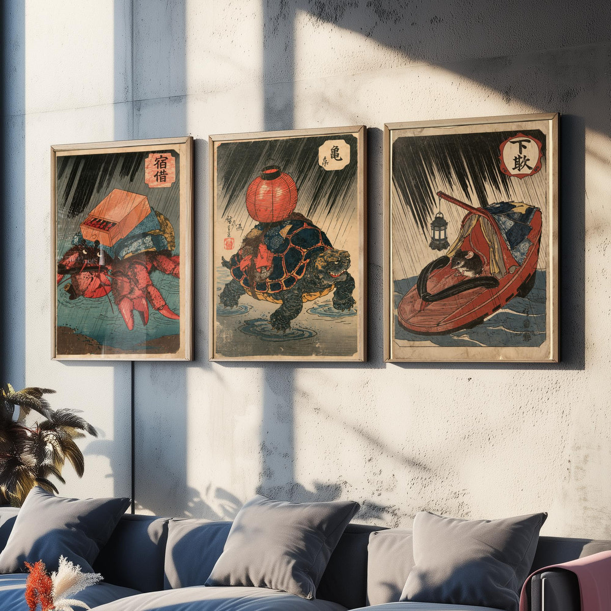 Borrowed Homes Set of Three Art Prints - Hermit Crab, Tortoise and Mouse - Japanese Ukiyo-e Woodblock Posters V2 - After Kuniyoshi