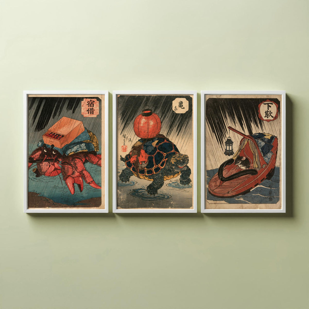 Borrowed Homes Set of Three Art Prints - Hermit Crab, Tortoise and Mouse - Japanese Ukiyo-e Woodblock Posters V2 - After Kuniyoshi
