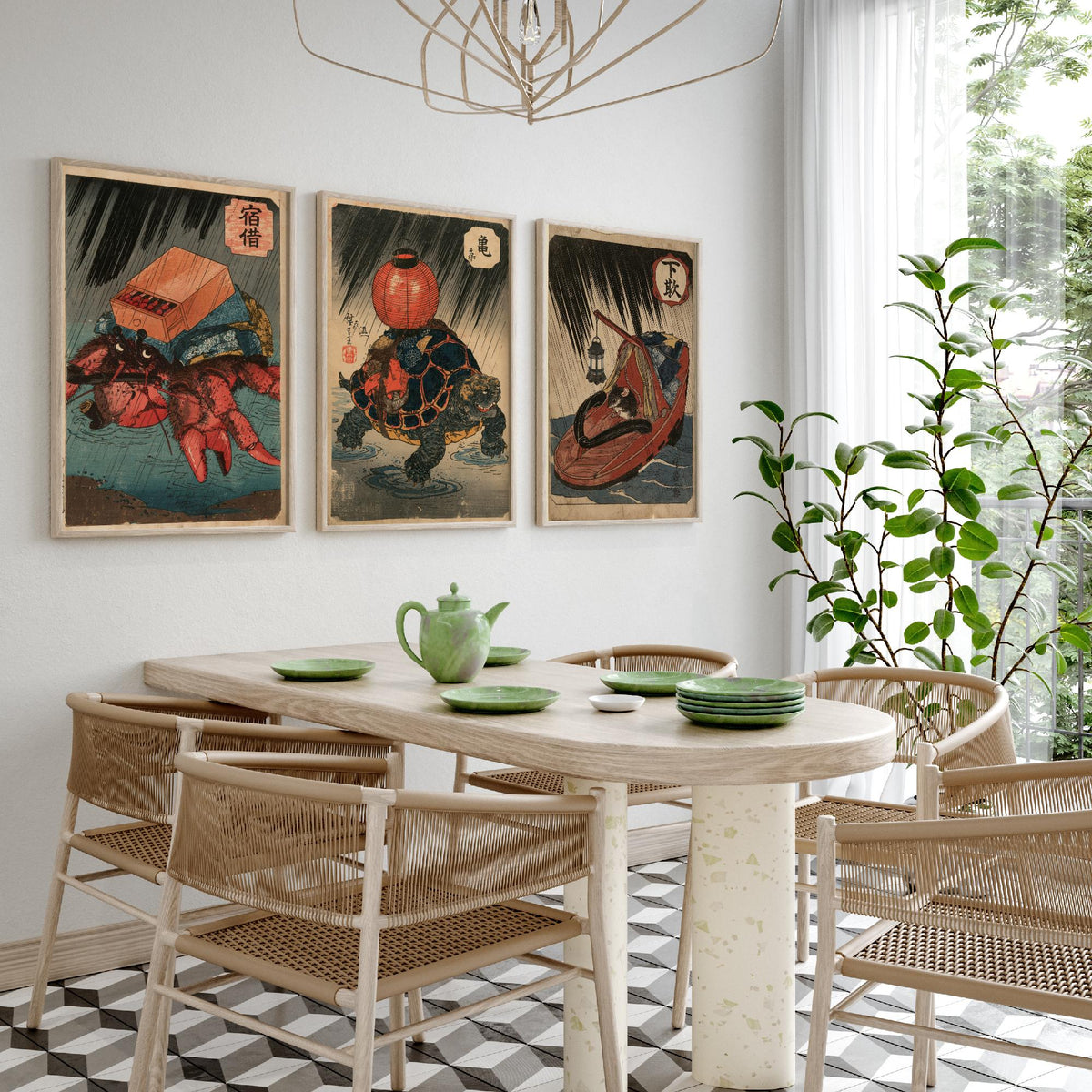 Borrowed Homes Set of Three Art Prints - Hermit Crab, Tortoise and Mouse - Japanese Ukiyo-e Woodblock Posters V2 - After Kuniyoshi